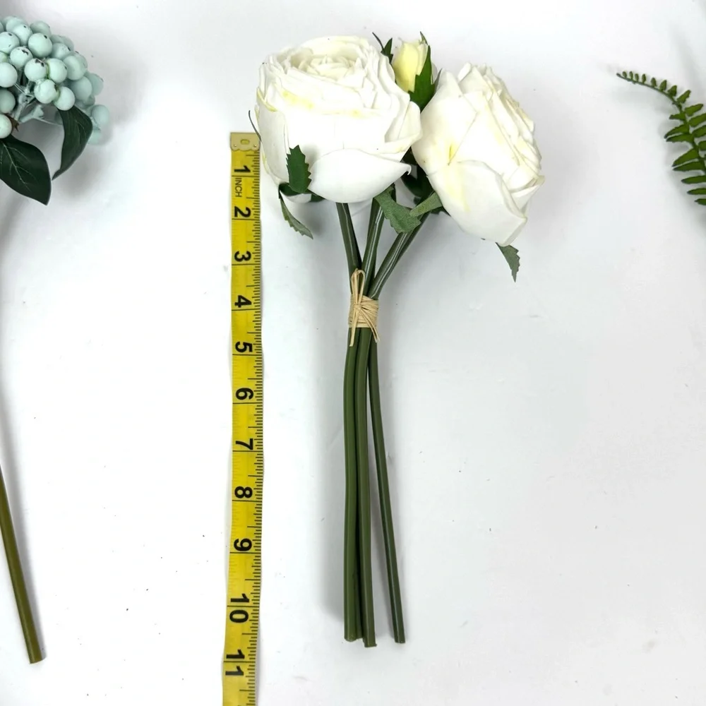 Artificial Flower Bouquet Blue Hydrangea White Roses Fern Leaves & Berries NEW